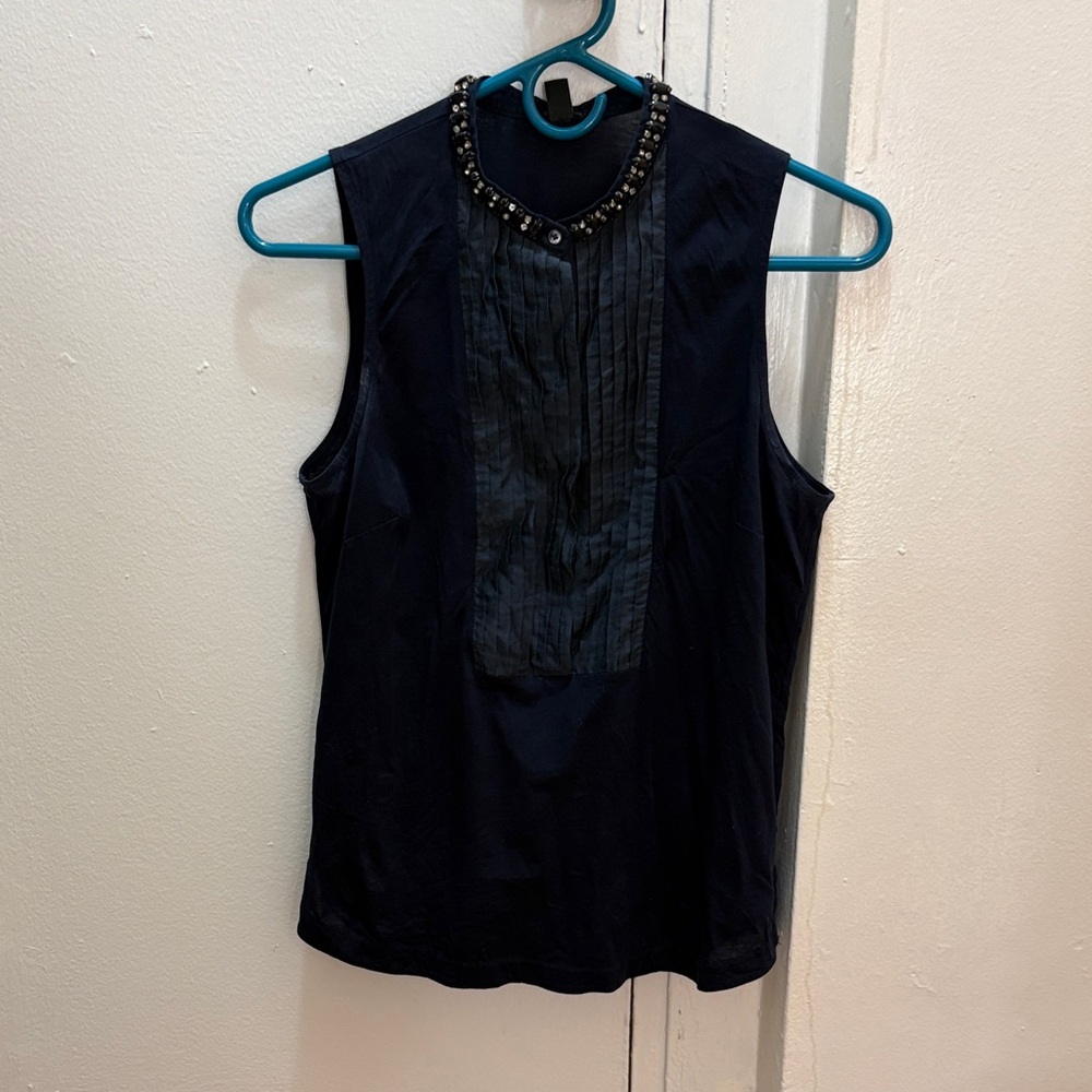 J. Crew Navy Sleeveless Top with Rhinestones & Pleats XS Women